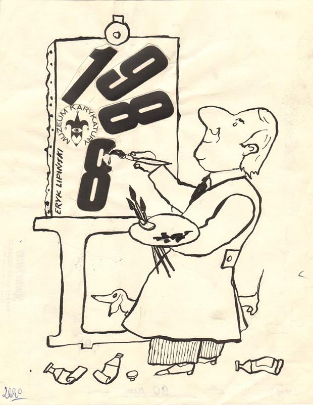 Rys. Eryk Lipiński, Autokarykatura, 1988 r.  Praca pochodzi ze zbiorów Muzeum Karykatury 